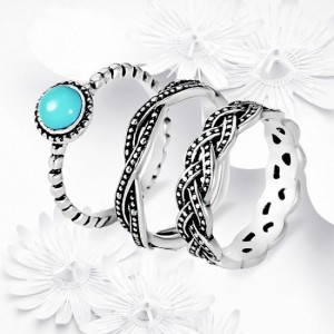Antique Silver Blue Stone 3 Piece Vintage Ring Set-Silver