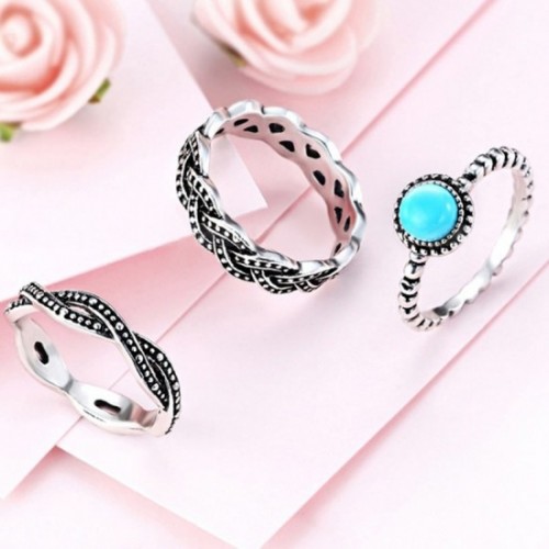 Antique Silver Blue Stone 3 Piece Vintage Ring Set-Silver image