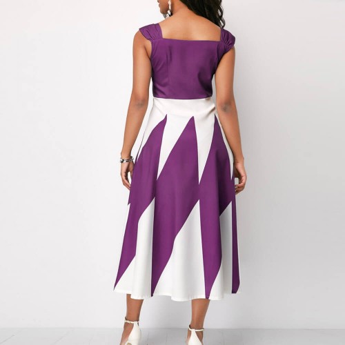 Trending Contrast Geometric Sleeveless Long Dress - Purple image