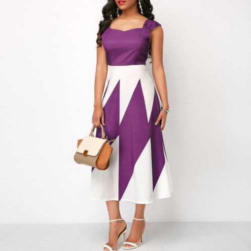 Trending Contrast Geometric Sleeveless Long Dress - Purple image