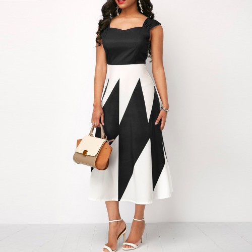 Trending Contrast Geometric Sleeveless Long Dress - Black image