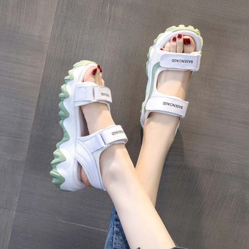 Trendy Chunky Style Velcro Platform Flat Sandal - Green image