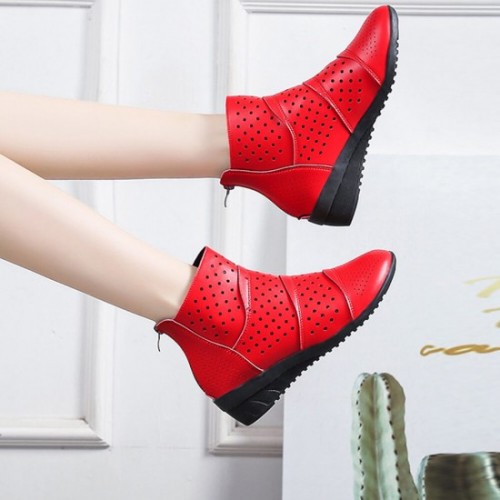 New Style Breathable Hollow Zipper Slope High Heel Shoes - Red image