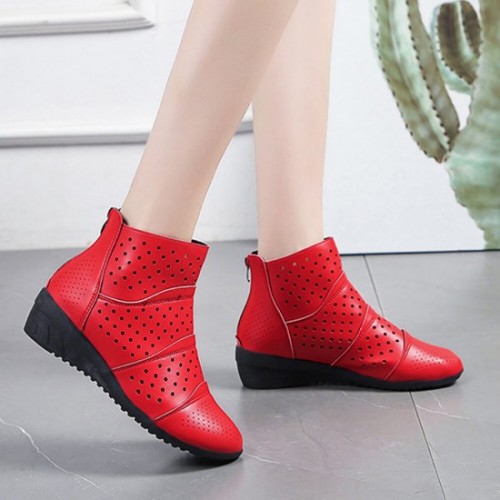 New Style Breathable Hollow Zipper Slope High Heel Shoes - Red image
