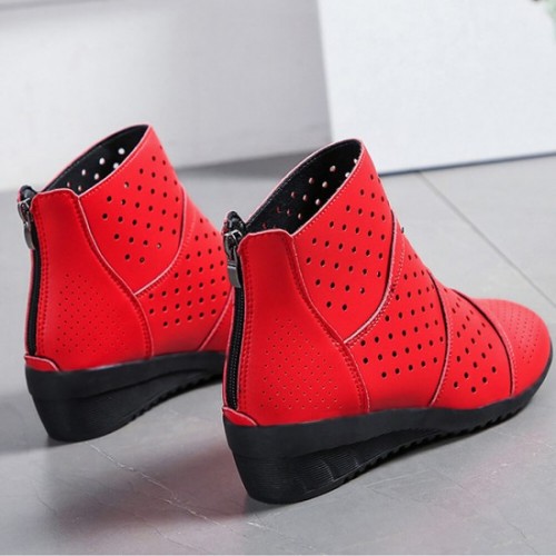 New Style Breathable Hollow Zipper Slope High Heel Shoes - Red image