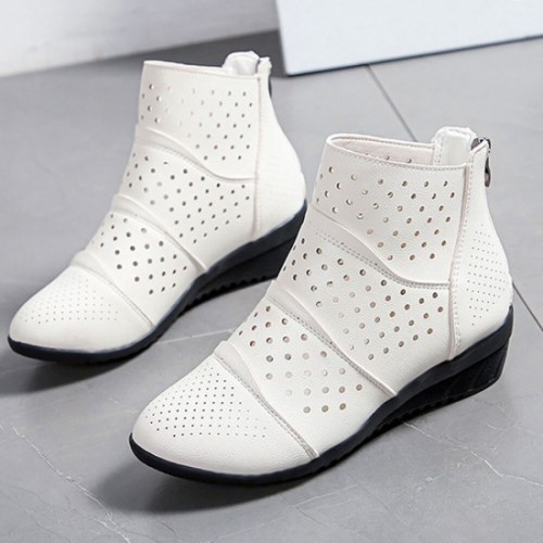 New Style Breathable Hollow Zipper Slope High Heel Shoes - Cream image