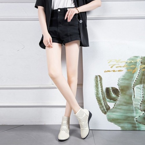 New Style Breathable Hollow Zipper Slope High Heel Shoes - Cream image