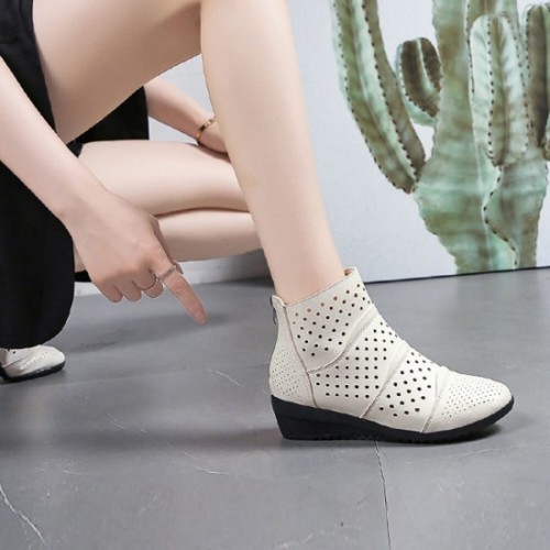 New Style Breathable Hollow Zipper Slope High Heel Shoes - Cream image