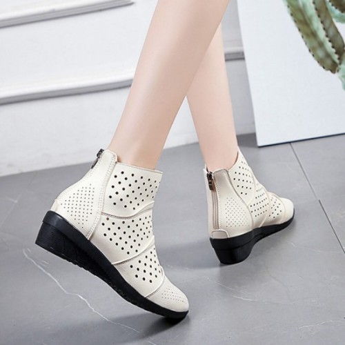 New Style Breathable Hollow Zipper Slope High Heel Shoes - Cream image