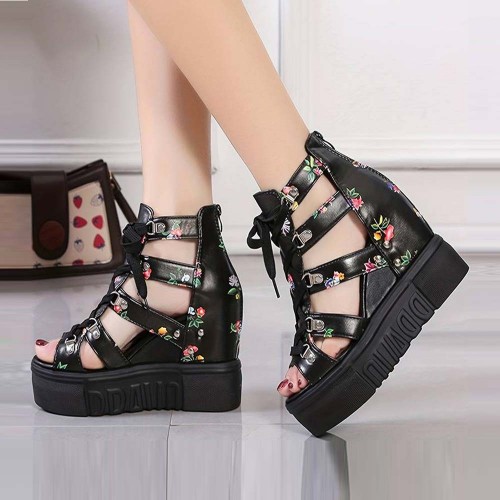 New Summer Peep-toe Wedge Platform Sandals - Black image