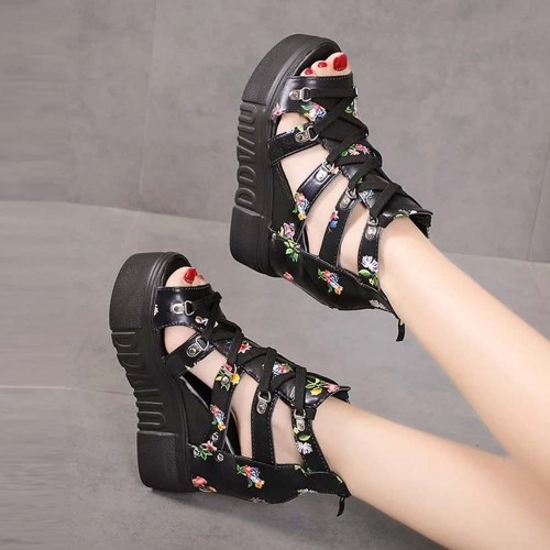 New Summer Peep-toe Wedge Platform Sandals - Black image