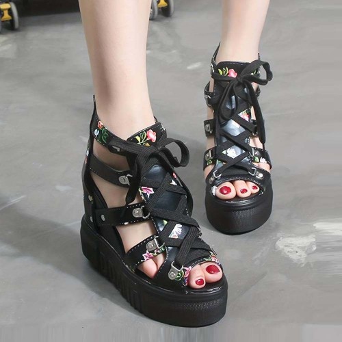 New Summer Peep-toe Wedge Platform Sandals - Black image