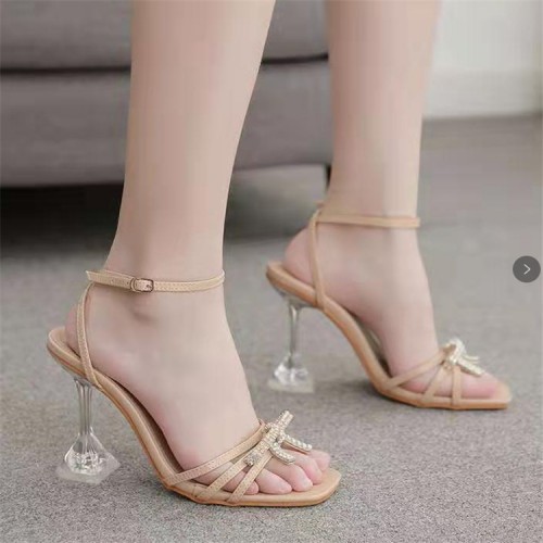 New Fashion Rhinestone Bow Ankle Strap High Heels Sandals - Beige image