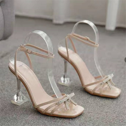 New Fashion Rhinestone Bow Ankle Strap High Heels Sandals - Beige image