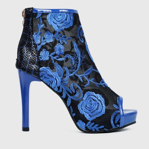 Women's Hollow out Embroidery Thin Heeled Sandals - Blue image