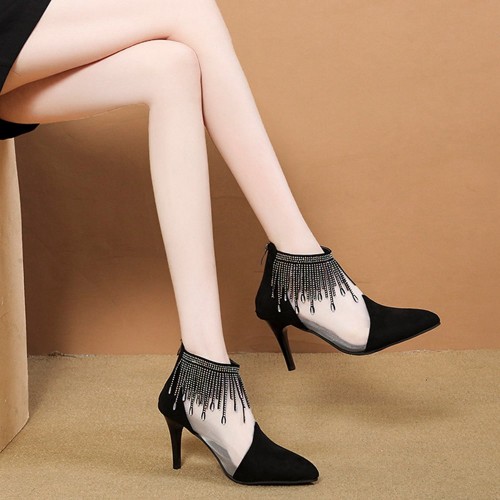 New Net Hollow High Heels Tassels Rhinestone Pointed Toe Shoes - Black image