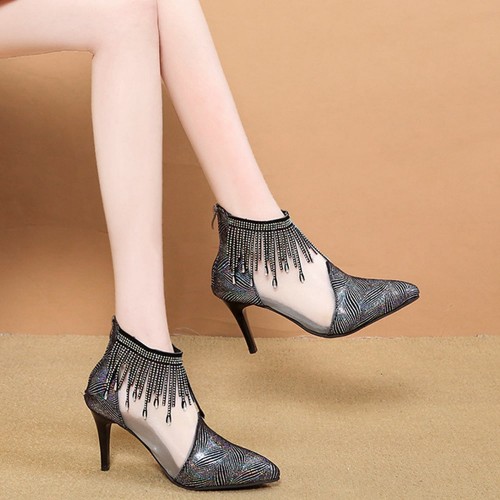 New Net Hollow High Heels Tassels Rhinestone Pointed Toe Shoes - Black image