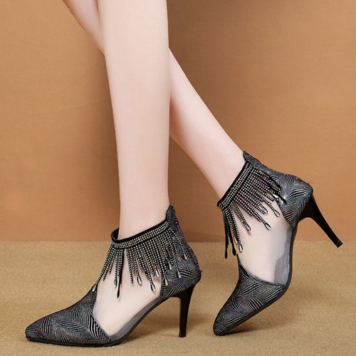 New Net Hollow High Heels Tassels Rhinestone Pointed Toe Shoes - Black image