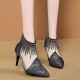 New Net Hollow High Heels Tassels Rhinestone Pointed Toe Shoes - Black image