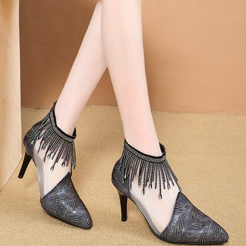 New Net Hollow High Heels Tassels Rhinestone Pointed Toe Shoes - Black image