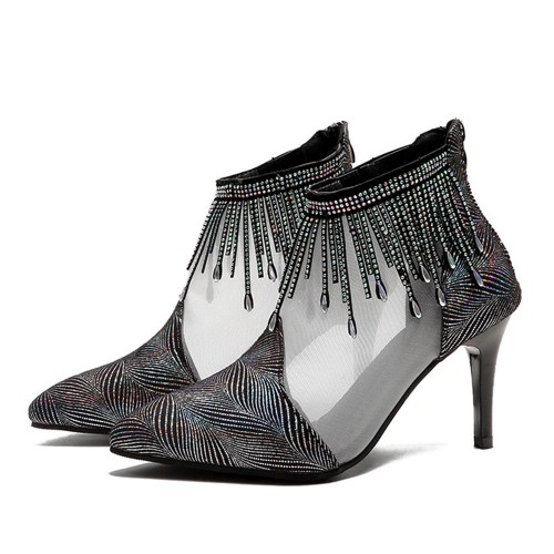 New Net Hollow High Heels Tassels Rhinestone Pointed Toe Shoes - Black image