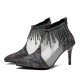New Net Hollow High Heels Tassels Rhinestone Pointed Toe Shoes - Black image