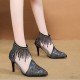 New Net Hollow High Heels Tassels Rhinestone Pointed Toe Shoes - Black image