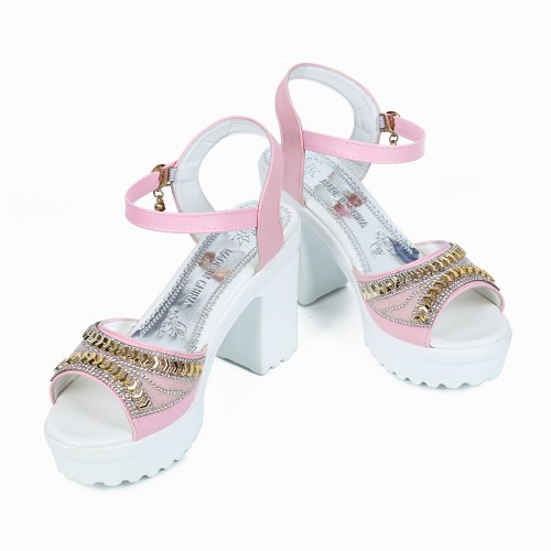Rhinestone High And Thick-Heeled Waterproof Sandals - Pink image