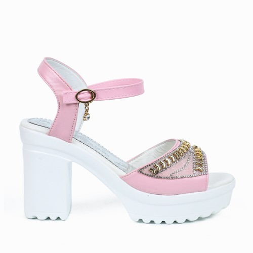 Rhinestone High And Thick-Heeled Waterproof Sandals - Pink image