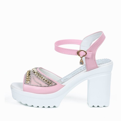 Rhinestone High And Thick-Heeled Waterproof Sandals - Pink image