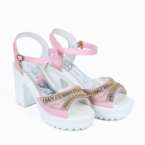 Rhinestone High And Thick-Heeled Waterproof Sandals - Pink image