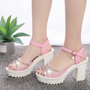 Rhinestone High And Thick-Heeled Waterproof Sandals - Pink