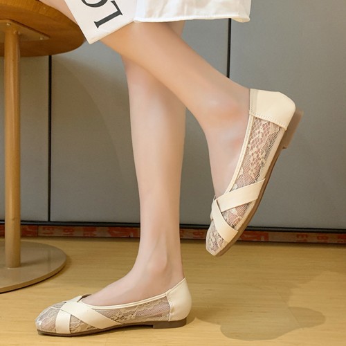 Elegant Designed Hollow Out Ladies Flats - Beige image