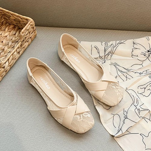 Elegant Designed Hollow Out Ladies Flats - Beige image
