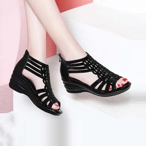 Casual Fish Mouth Back Zipper Wedge Sandals - Black image