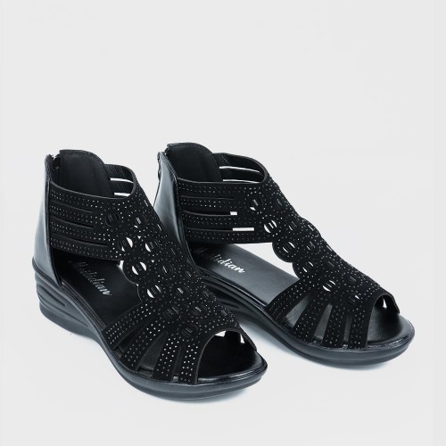 Casual Fish Mouth Back Zipper Wedge Sandals - Black image