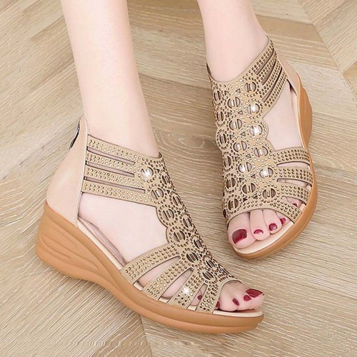 Casual Fish Mouth Back Zipper Wedge Sandals - Beige image