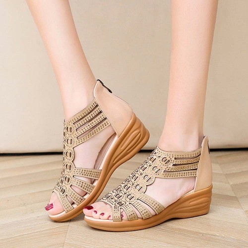 Casual Fish Mouth Back Zipper Wedge Sandals - Beige image
