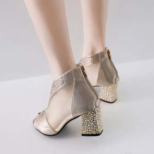 Glitter Back Zipper Low Heels Sandals - Gold image