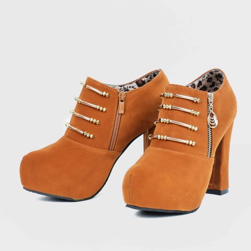 Casual High Heel Martin Design Pumps Shoes - Brown image