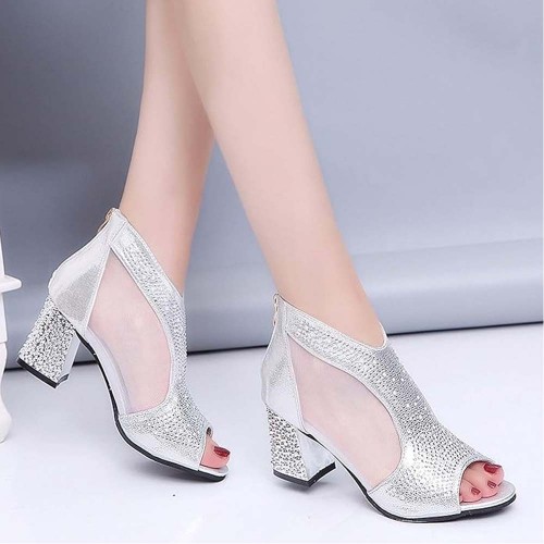 Glitter Back Zipper Low Heels Sandals - Silver image