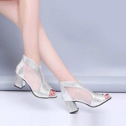 Glitter Back Zipper Low Heels Sandals - Silver image