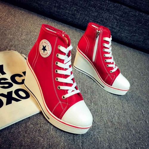 High Wedge Platform Canvas Sneaker Shoes- RED image