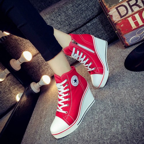High Wedge Platform Canvas Sneaker Shoes- RED image
