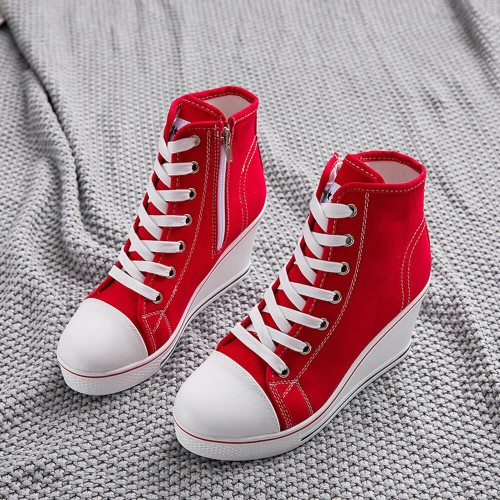 High Wedge Platform Canvas Sneaker Shoes- RED image