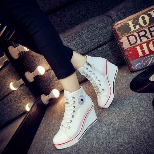 High Wedge Platform Canvas Sneaker Shoes - White image