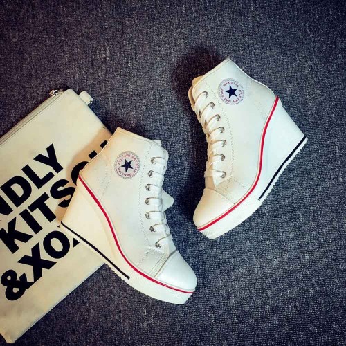 High Wedge Platform Canvas Sneaker Shoes - White image