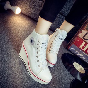 High Wedge Platform Canvas Sneaker Shoes - White