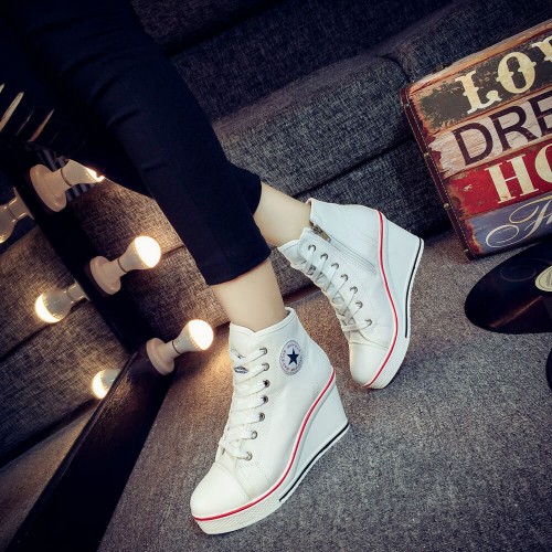 High Wedge Platform Canvas Sneaker Shoes - White image