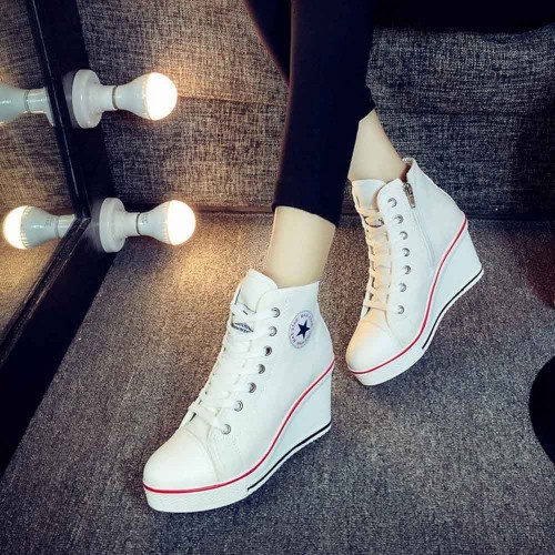 High Wedge Platform Canvas Sneaker Shoes - White image